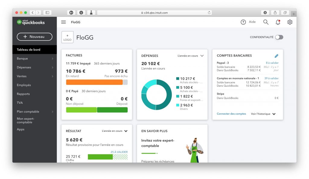 L'interface de Quickbooks